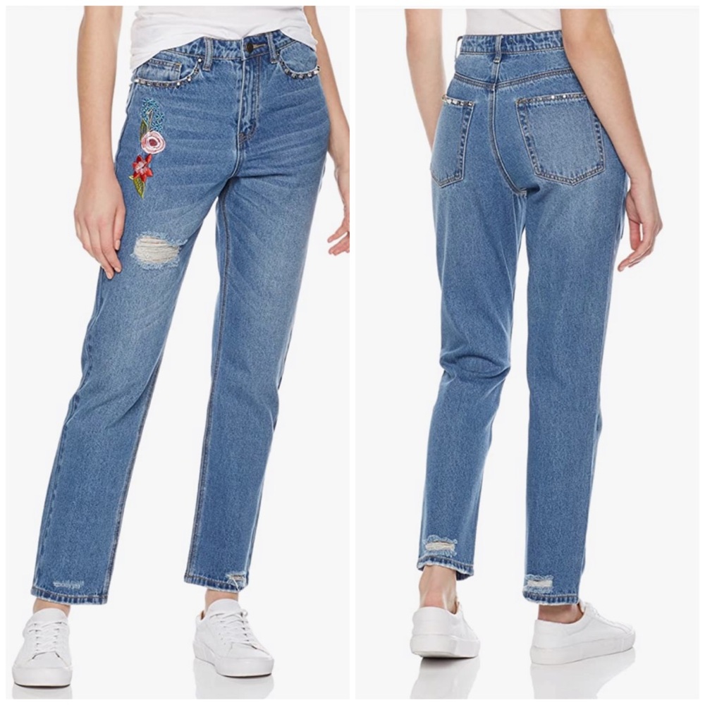 LILY PARKER Embroidered Studded High Waisted Jeans